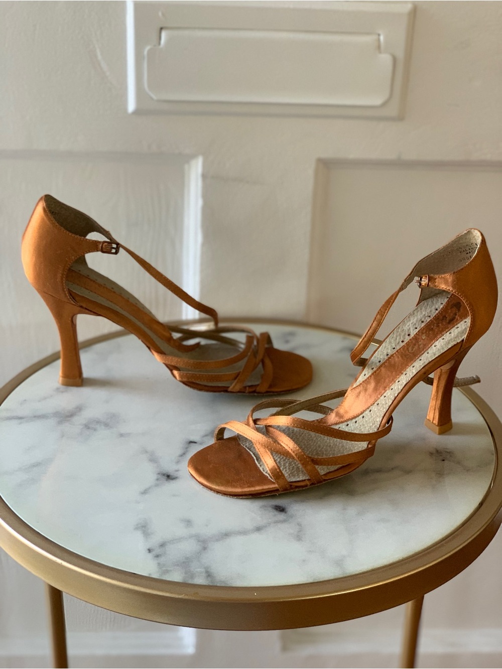 Capezio Women’s Strappy Satin Ballroom Dancing Heel Sandals in Bronze